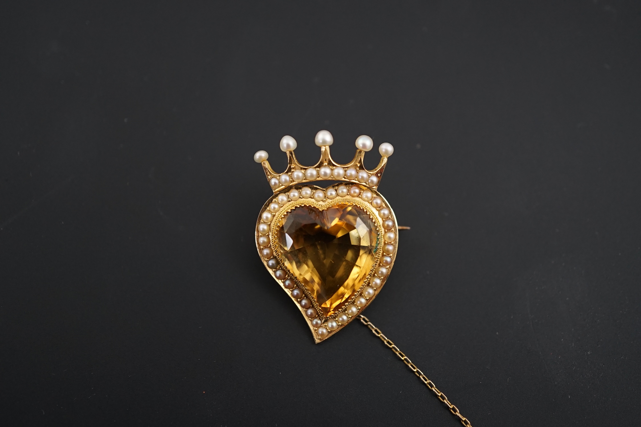 A Victorian gold, single stone heart shaped citrine and seed pearl cluster set coronet brooch